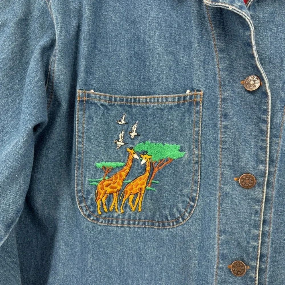 Vintage Casey Coleman Denim Safari Animal Chore Jacket Women ML Embroidered Boho - Picture 9 of 13